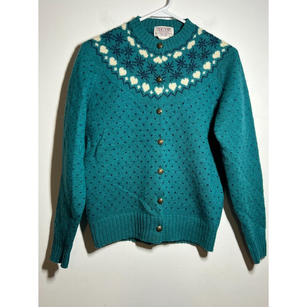 VTG Skyr Teal Green Fair Isle Yoke Cardigan Shetland Wool Sweater Hearts 34 S